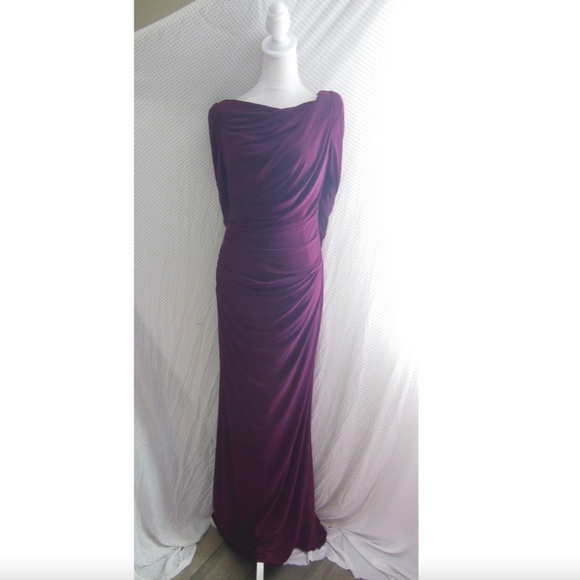 NEW Betsy & Adam BURGUNDY Cape Long Sleeve RUCHED Trumpet EVENING GOWN 10 - Picture 4 of 12